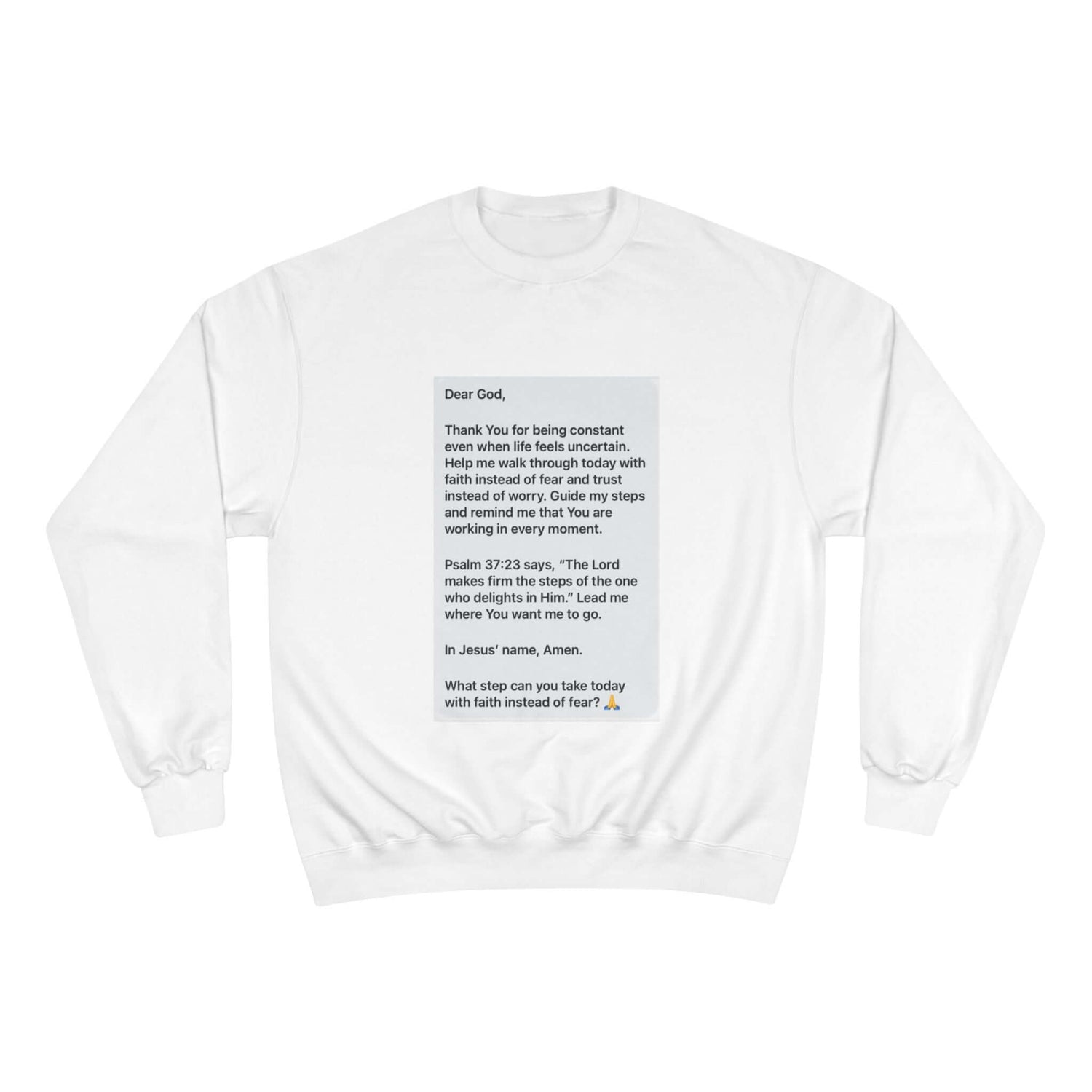 Faith Prayer Sweatshirt — Inspirational Scripture &amp; Gratitude Message with printed prayer-style text on a cozy white sweatshirt.