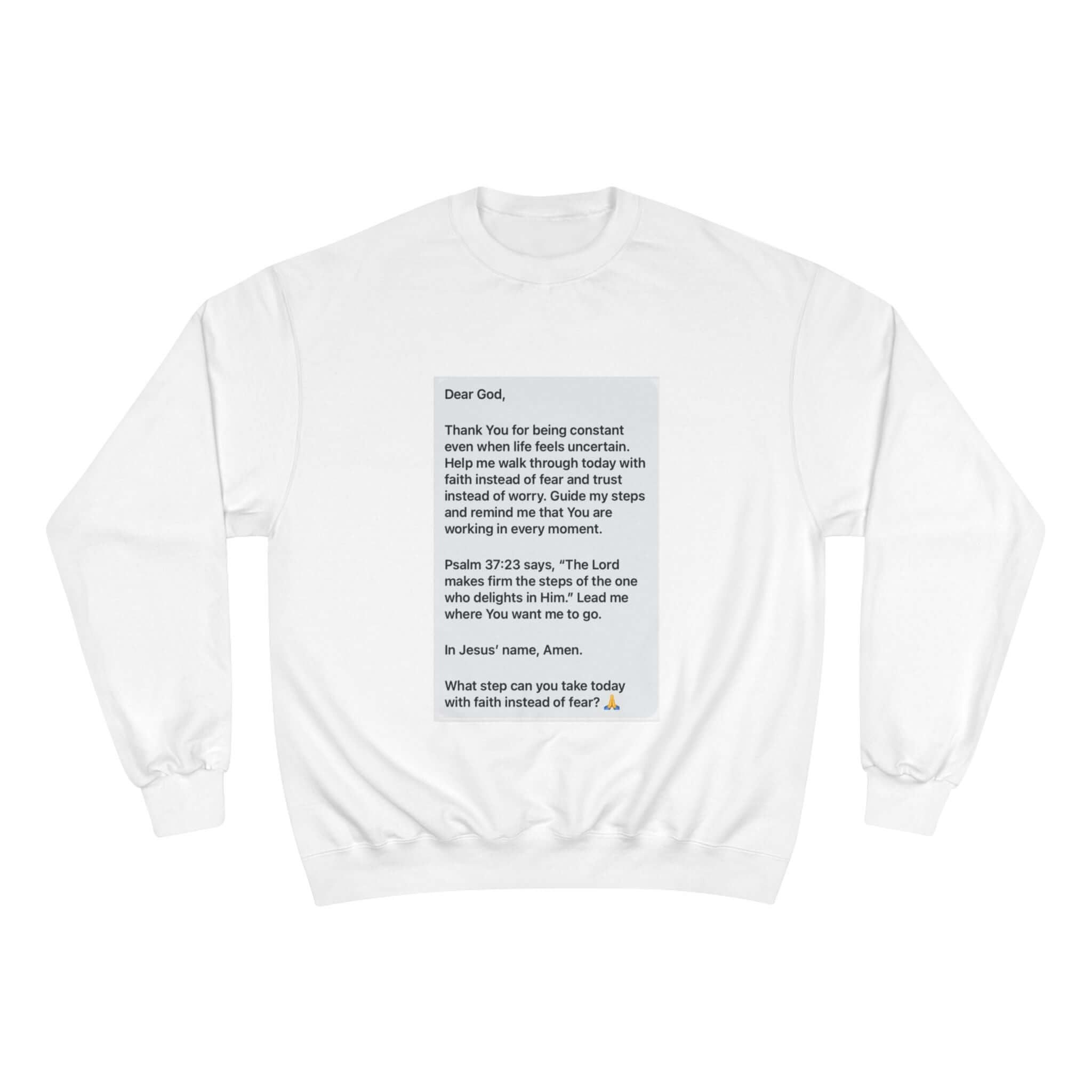 Faith Prayer Sweatshirt — Inspirational Scripture &amp; Gratitude Message with printed prayer-style text on a cozy white sweatshirt.