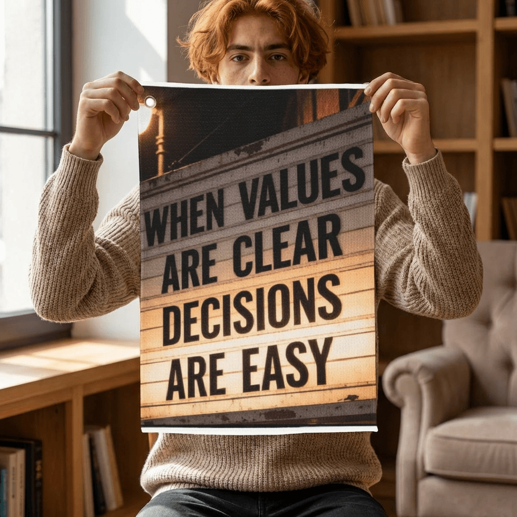Golf Towel – "When Values Are Clear Decisions Are Easy" Motivational Golf Towel with Grommet and Clip